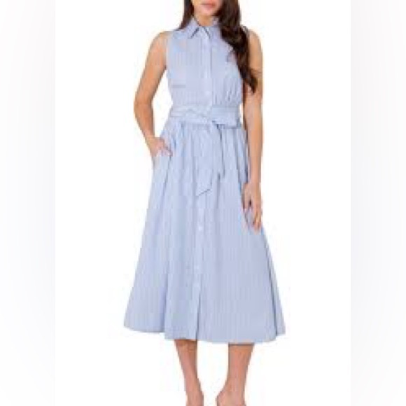 Christopher & Banks Blue/white plaid seersucker belted shirt dress size 14 - Picture 2 of 5